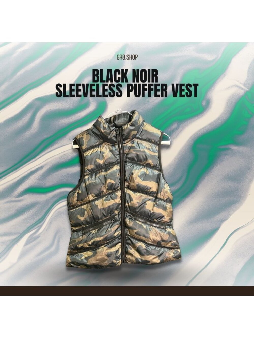 BLACK NOIR Camouflage Sleeveless Puffer Vest With High Neck & Zipper Closure - S